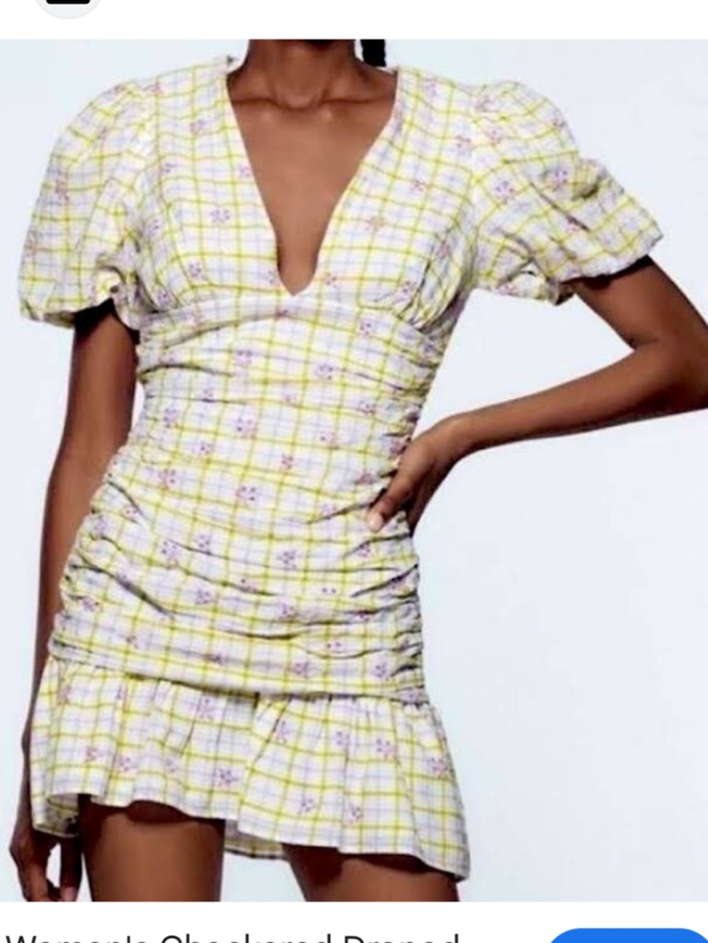 Zara Yellow Check Plaid V-Neck Draped Mini Dress